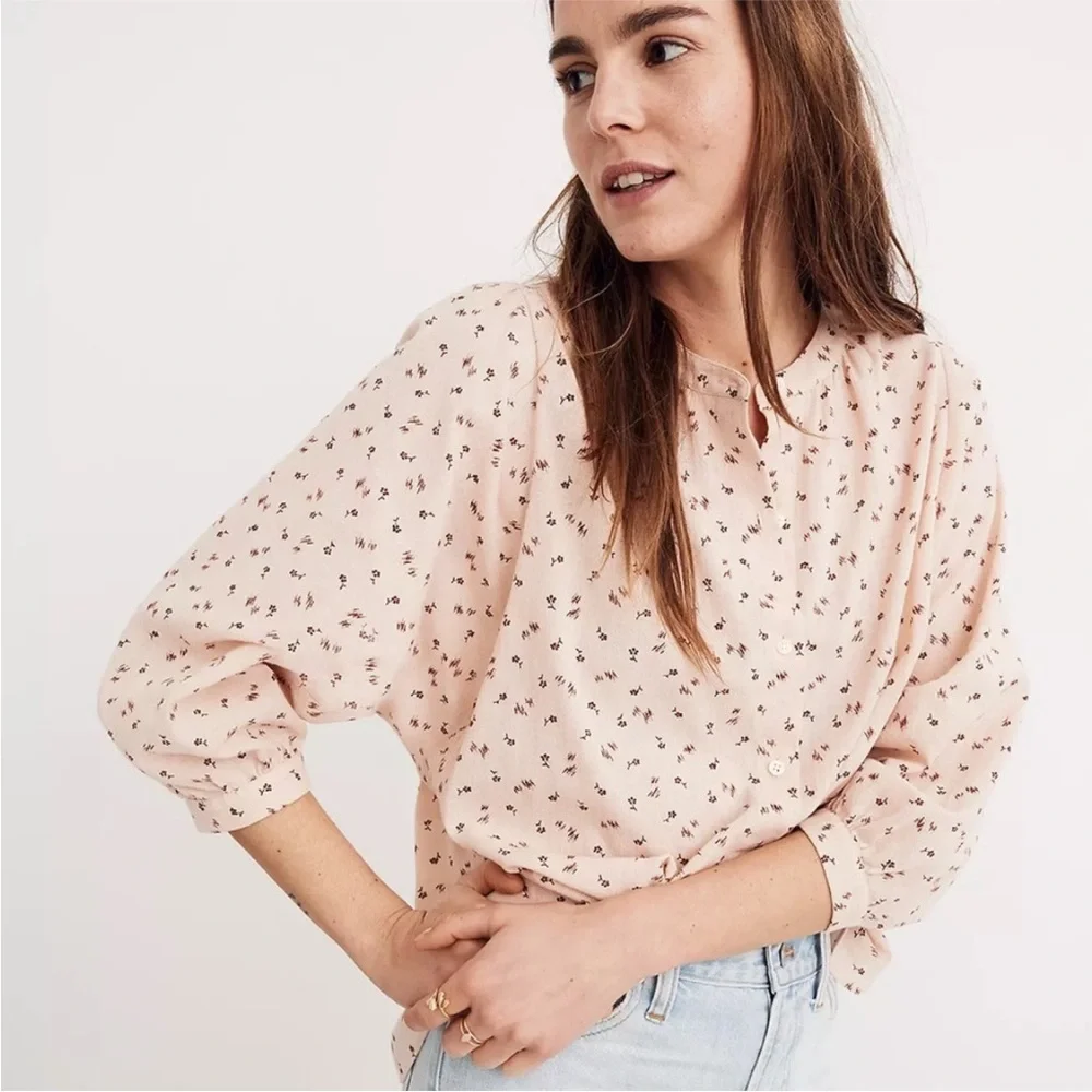 Madewell Pink Puff Sleeves Peasant Floral Top Size: S